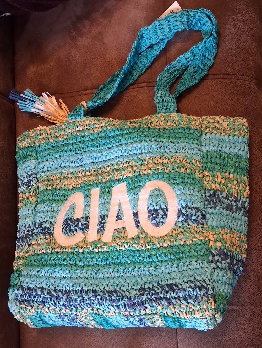 Ciao Woven Beach Tote Bag in Striped Aqua Mix